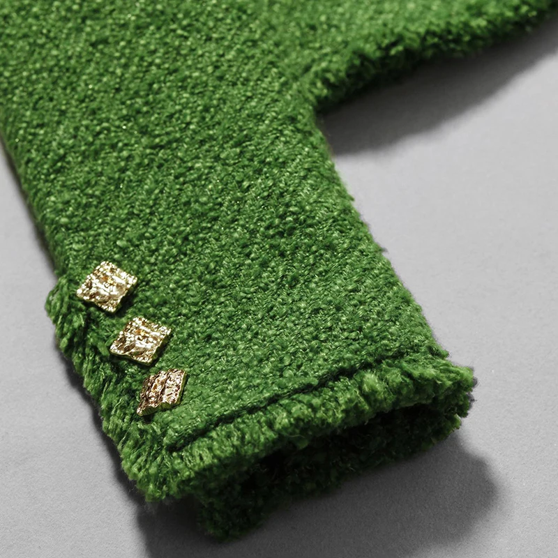 Nuovo cappotto monopetto alla moda, elegante, retrò, verde, di fascia alta, elegante, piccolo, profumato, floreale grossolano, girocollo