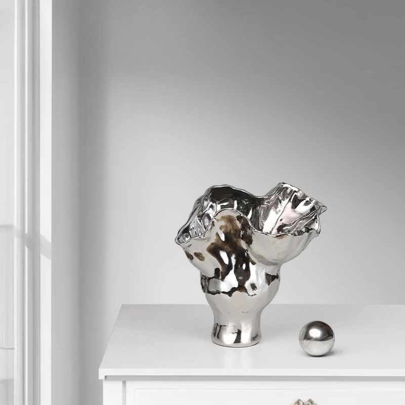 Silver electroplated glazed abstract ceramic vase, home entrance living room desktop