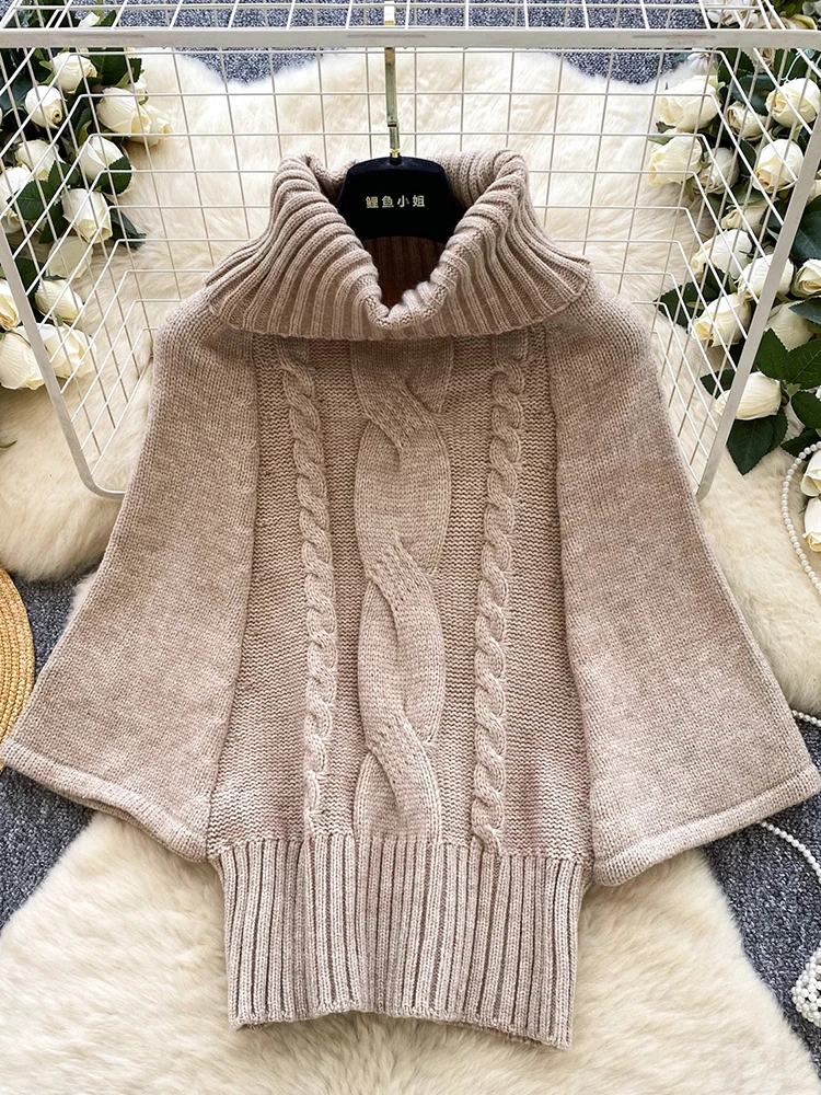

Women's Bat Sweater Autumn Languid Style Turtleneck Fried Dough Twists Cape Sleeve Slim Knit Top Pullover Female Top SW026
