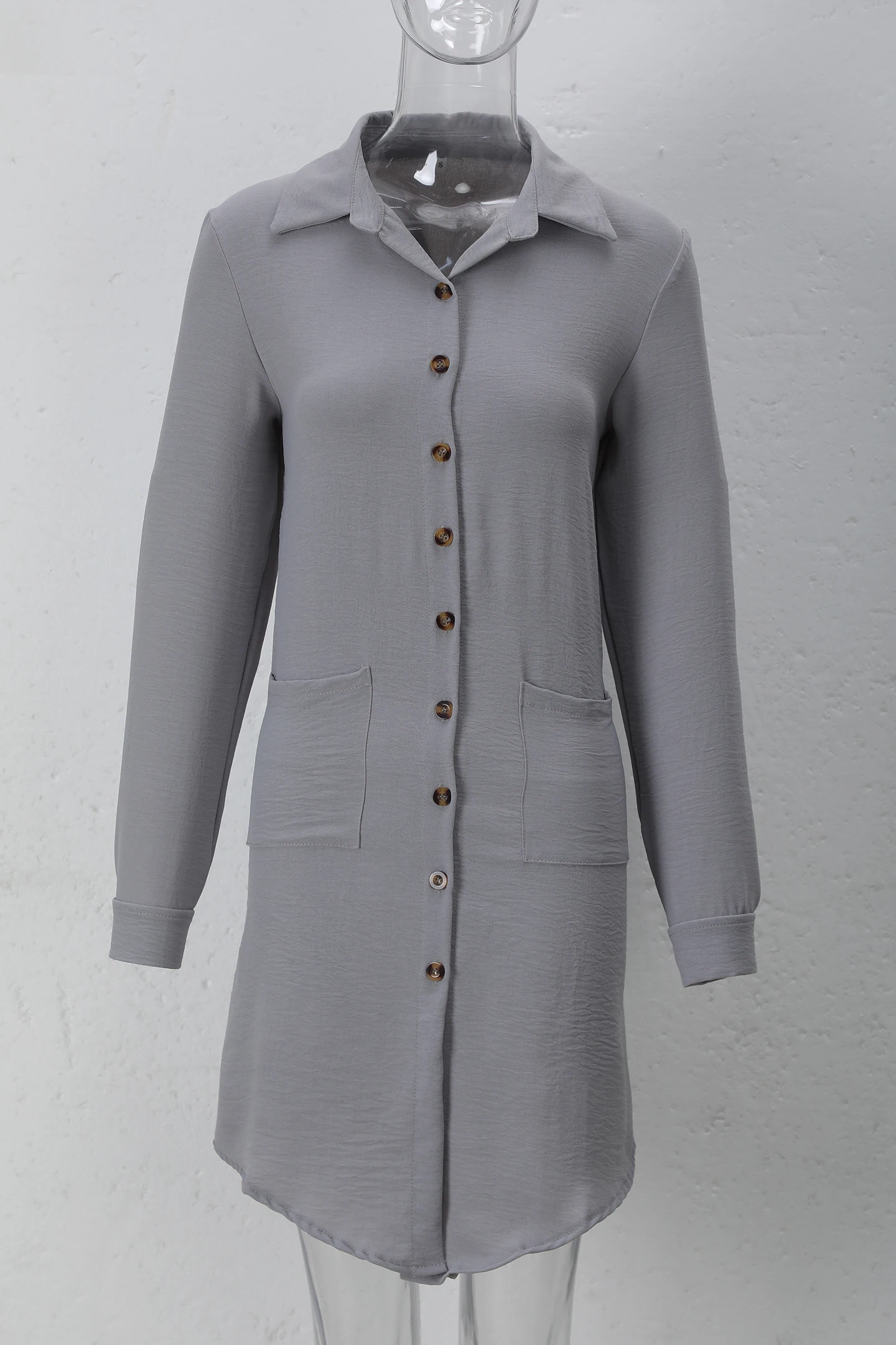 Frühling Sommer Damen Hemdkleid mit Umlegekragen, Locker Geschnittenes Übergroßes Midi-Kleid mit Knopfleiste und Seitentaschen, Lässiges Strandkleid – Detail 36