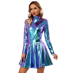 Womens Shiny Metallic Dress Long Sleeve Leotard with High Waist Flare Skirt Rave Party Clubwear Stage Performance Cotumes