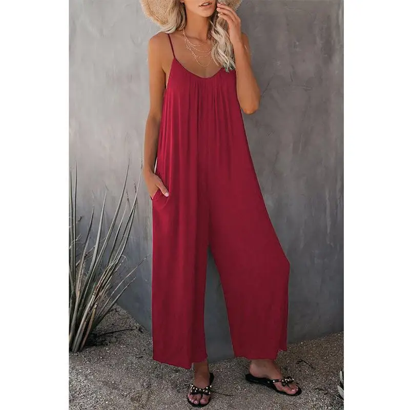 Summer New Women's One-Piece Rer Casual Pure Color ket Design Strap Suit Long Pants Polyester Fiber Faion Set