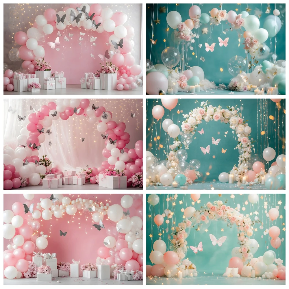 

Pink Blue Balloons Flower Butterfly Backdrop Newborn Baby Shower Birthday Party Photography Background Cake Smash Photo Studio