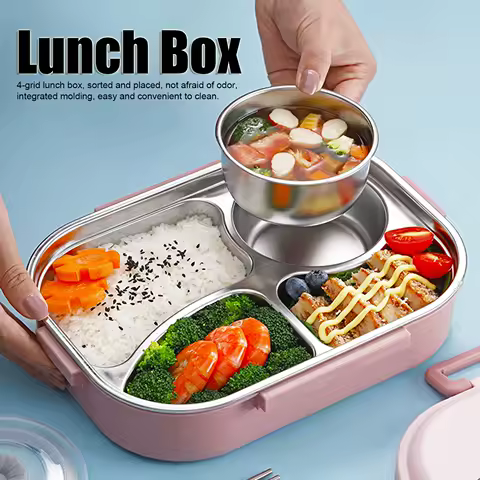 Stainless Steel Lunch Box 4‑Grid Portable Box Food Storage Container for Student Adult Dinnerware Food Storage Container