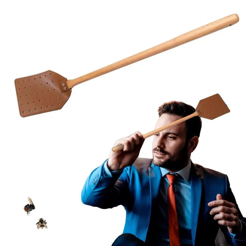 Leather Fly Swatter Mosquito Swatter Heavy Duty Durable PU Leather Fly Swatters With Wooden Handle For Home Outdoor Garden