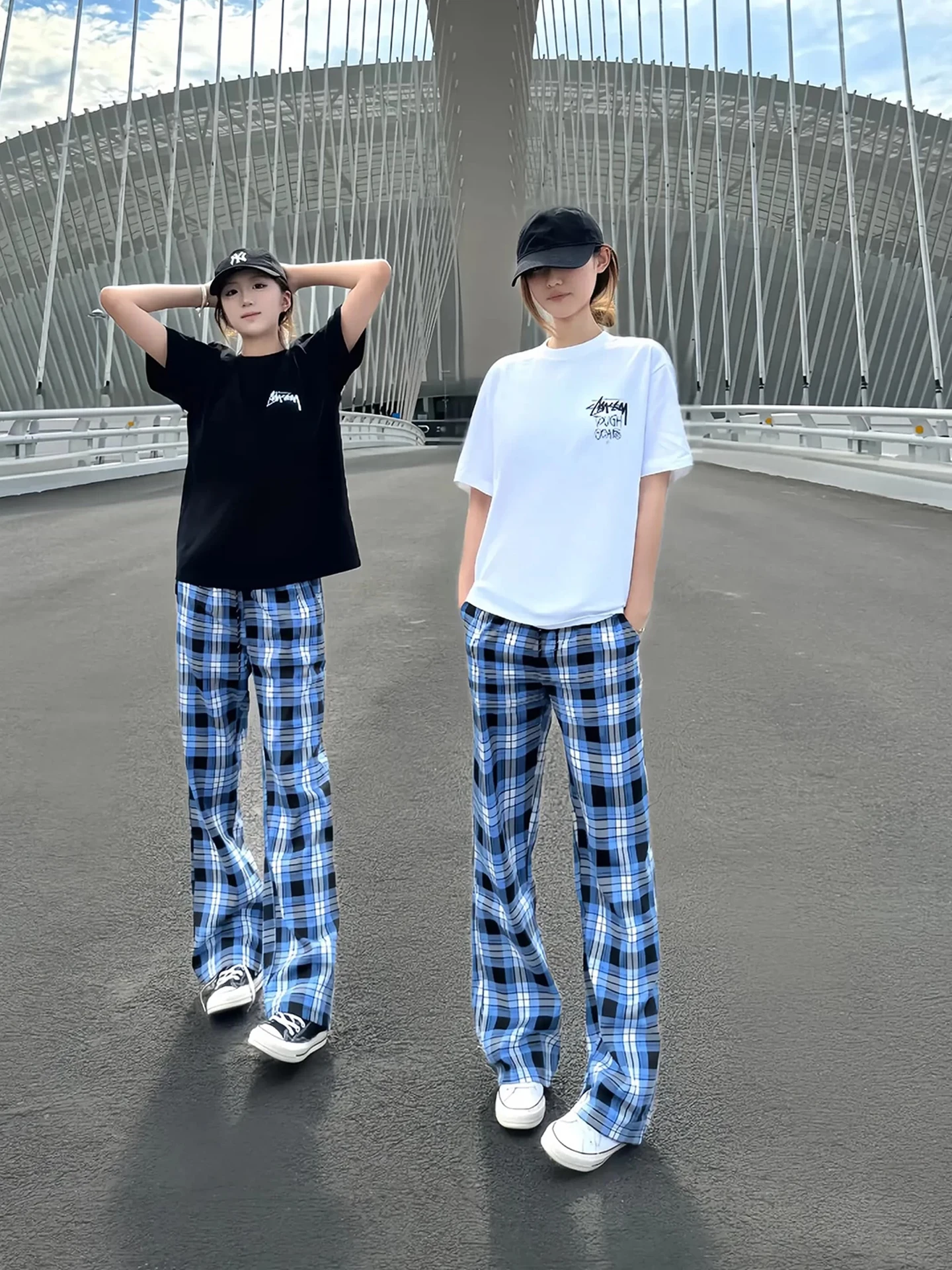 

Slimming Straight Leg Pants Men's Summer Thin Iceberg Blue Lengthening Casual Flared Trousers Vintage American Checkered Pattern
