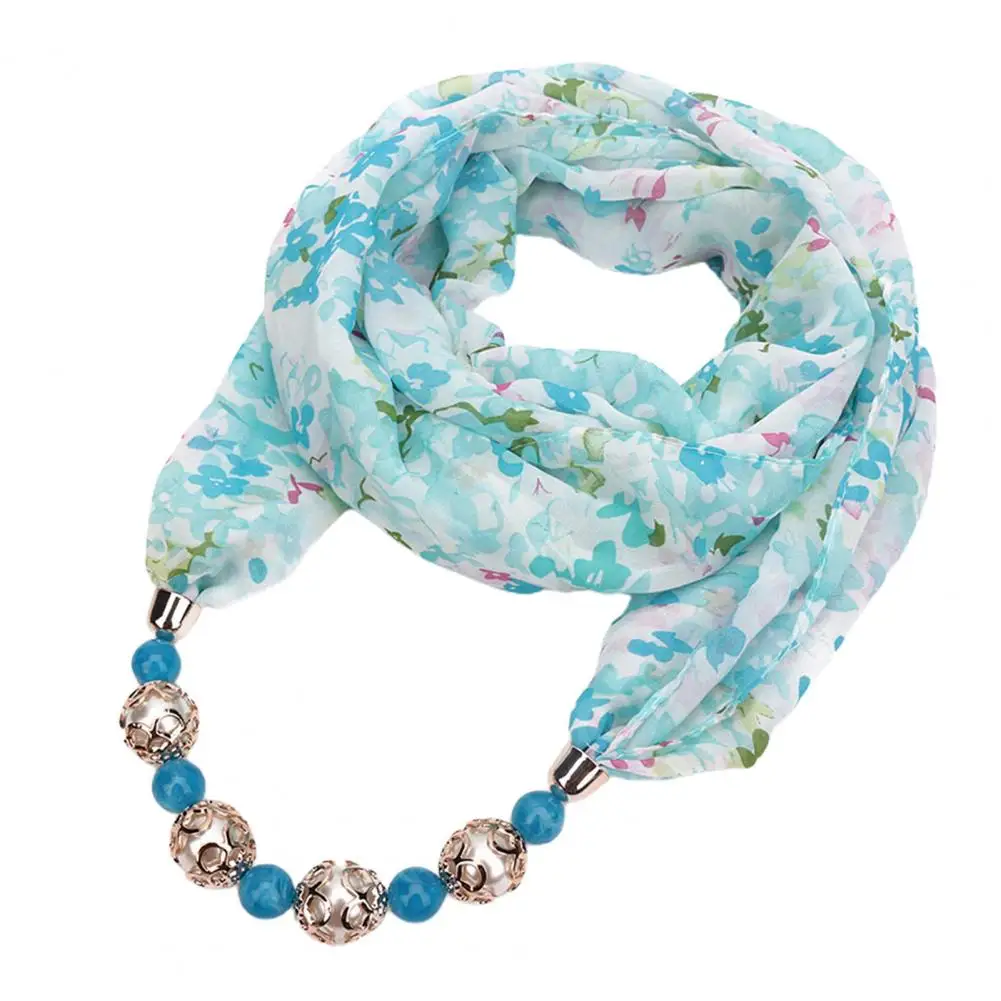 Beads Pendant Floral Print Necklace Scarf Simple Ethnic Style Vintage Chiffon Scarf Necklace Shawl For Home Шарф С Ожерельем