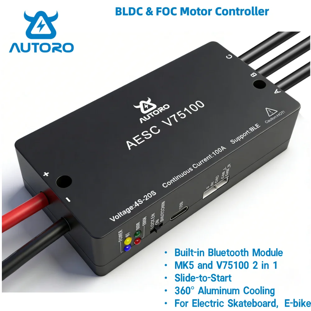 Autoro 75100 V75100 75V100A W/ Built-in Bluetooth FOC & BLDC Based on VESC 75100 & MK for Electric Skateboard, Ebike, Scooter