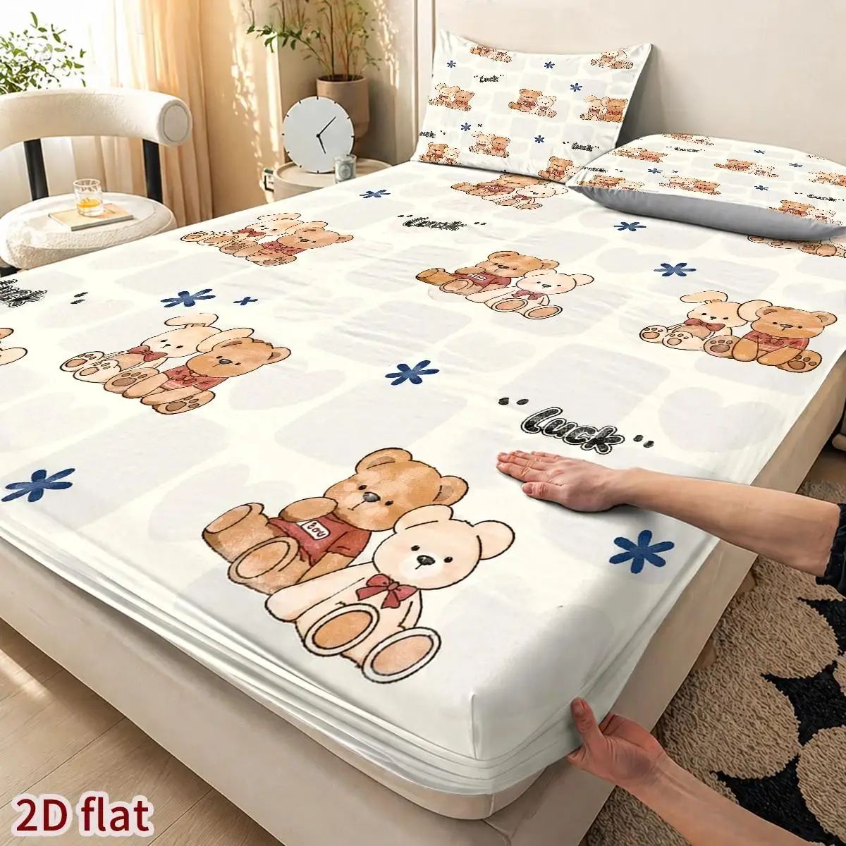 3-Piece Mattress Protector Set, 2D Flat Printed Fitted Sheet, 3-Piece Mattress Protector Set, Cartoon Bear and Dog Theme, Suitable for All Seasons, Machine Washable Home Bedroom Decoration, Holiday-Themed Fitted Sheet and Pillowcase, Mattress Protector Cover, Stain-Resistant, Mattress Protector Cover Suitable for All Seasons, Machine Washable and Easy to Care For, Suitable for Home Bedroom Use, Essential for Dormitories and Rentals, Master Bedroom and Guest Room Decoration, Dust-Proof and Stain-Resistant, High Elasticity, Fits Various Sizes
