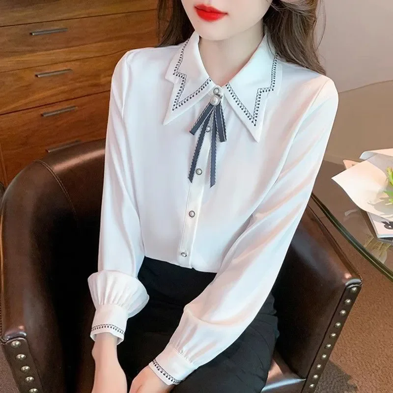 

Bow White Shirt Women's Spring Autumn 2026 New Doll Collar Top High-Grade Sense Loose Long-Sleeved Single-Breasted Shirt Tops