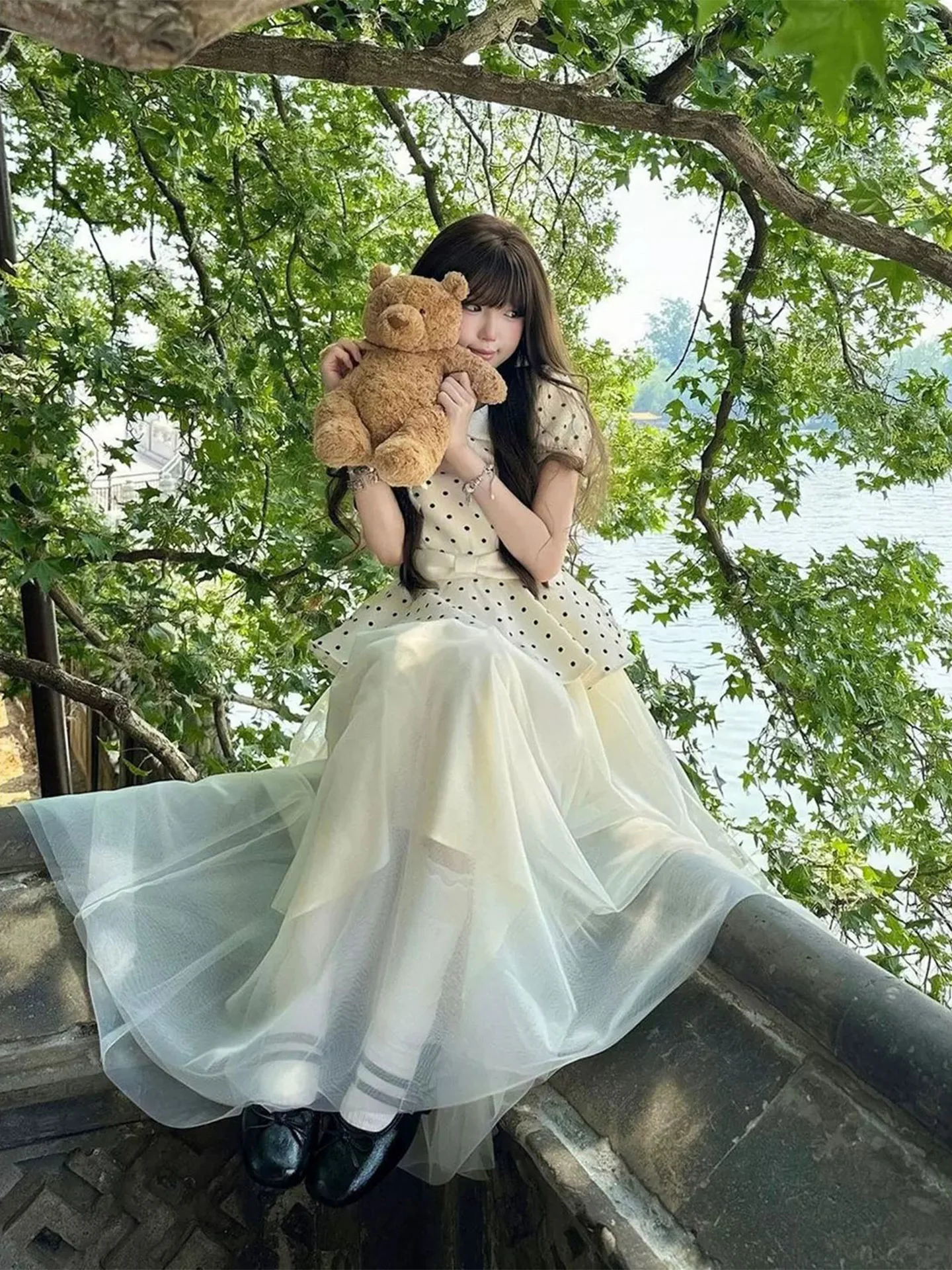 Sweet  Knot Polka Dot Dress Set Women's Summer High Waist Breathable Semi-Transparent Long Skirt Beautiful Fashionable