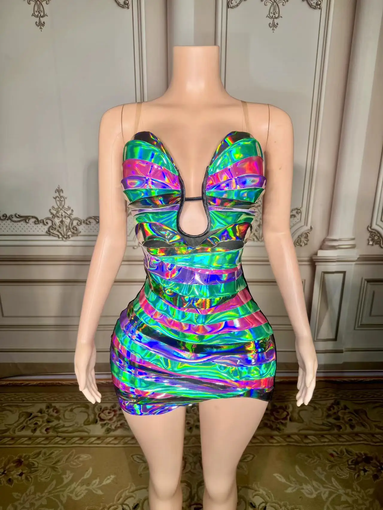Multi-color Rhinestone Chain Slit Mini Dress Women Evening Party Birthday Prom Sexy Fashion Short Outfit Singer Dance Stage Wear