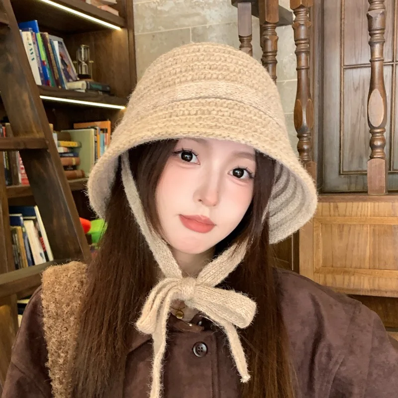 Knitted Bucket Hat Women Winter Warm Fisherman Hat Ear Tie Bow Crochet Solid Color Autumn Casual Outdoor Cap