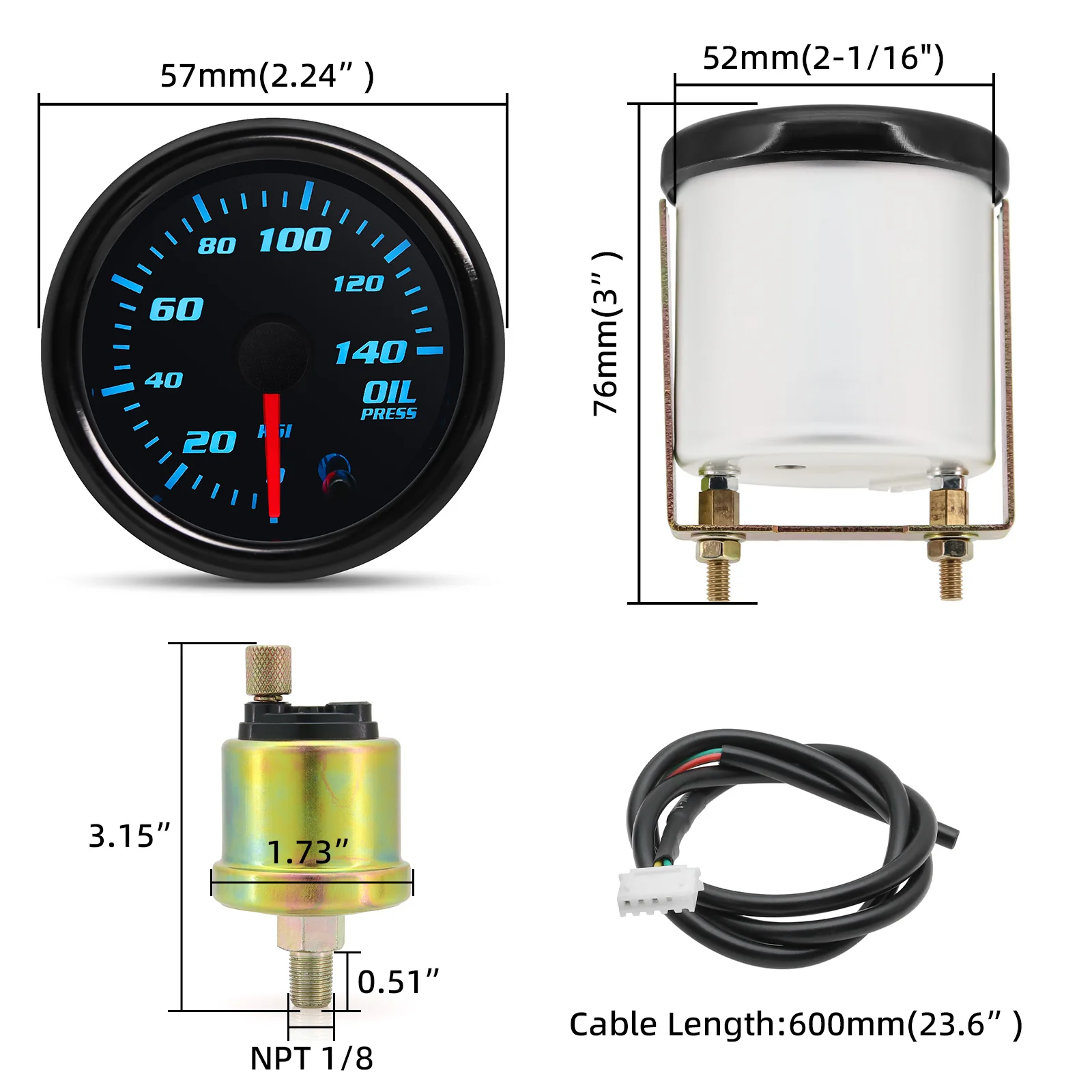 Smoke Lens 52mm Oil Pressure Gauge with Sensor 7 Color Backlight 0~140PSI Oil Press Meter for Gasoline Car 12V Custom