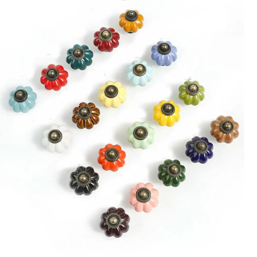 Simple Single Hole Ceramic Pumpkin Handle European Style Round Cabinet Knob Vintage Drawer Knobs Hardware