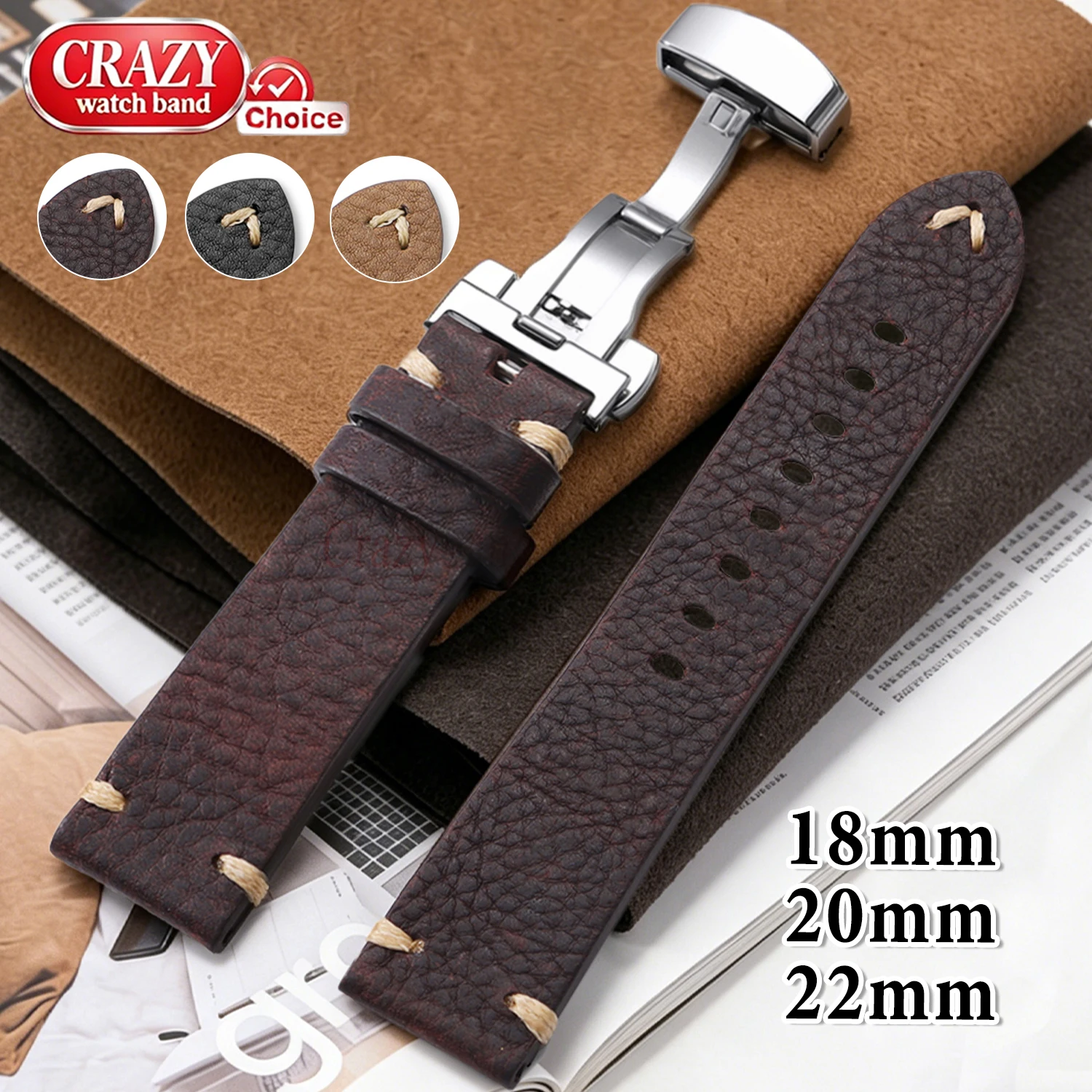 Genuine Cowhide Watch Bands 18 20 22mm Universal Handmade Leather Strap Belt Butterfly Buckle Accessory for Men Replace Bracelet