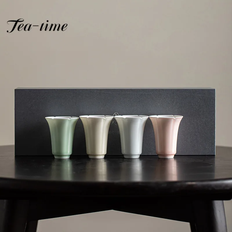 4pc/set 55ml Sunflower Mouth Ceramic Teacup Smell Fragrance Cup Complete Mug Set Tea Ceremony Set Tableware Decoration Gift Box