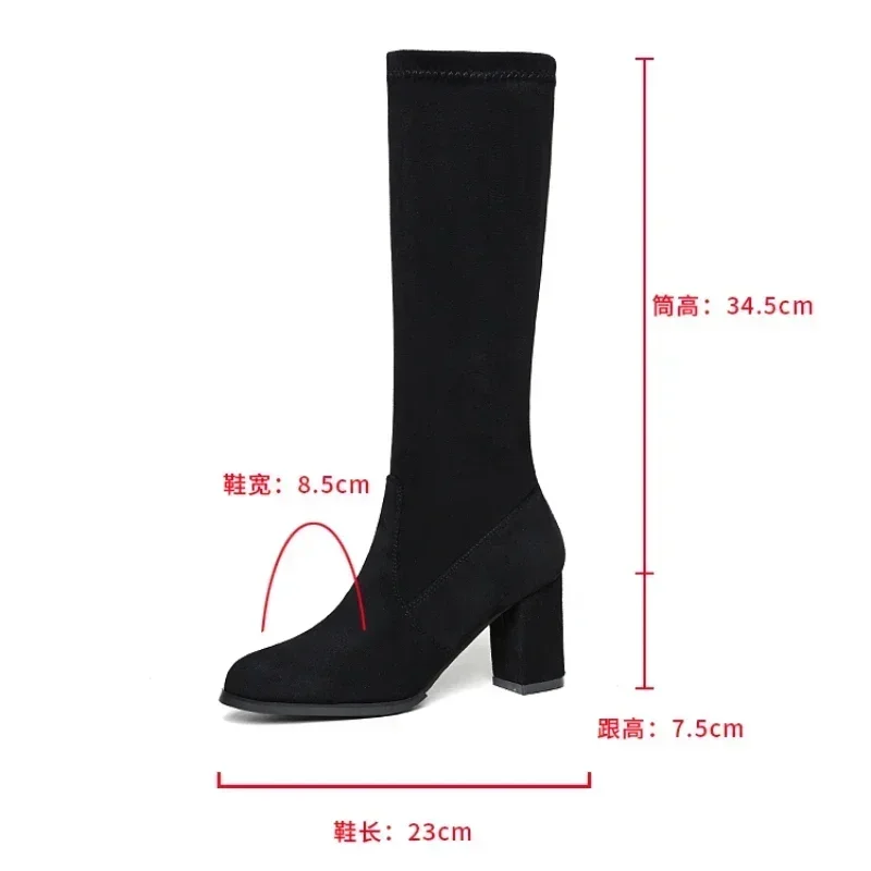 2024New Fashion Winter Women\'s Knee Length Boots Artificial Fur Elastic Pointed Suede High Heels Casual Warm