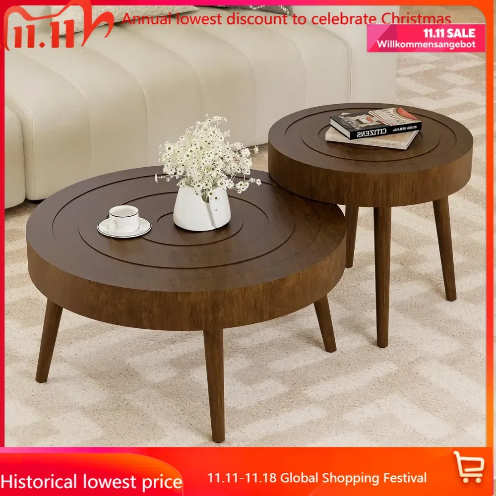 Nesting Coffee Tables w Wood Grain Finish, 2 Pieces Living Room Tea Table Sets w Wood Legs, Round Coffee Table Sets w wit