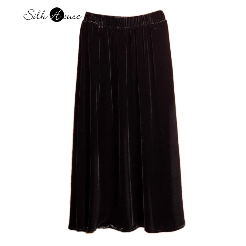 

Plus Size 2026 Women's Fashion Spring Clothing Black 30% Natural Mulberry Silk Velvet Elastic Waist Simple Umbrella Skirt