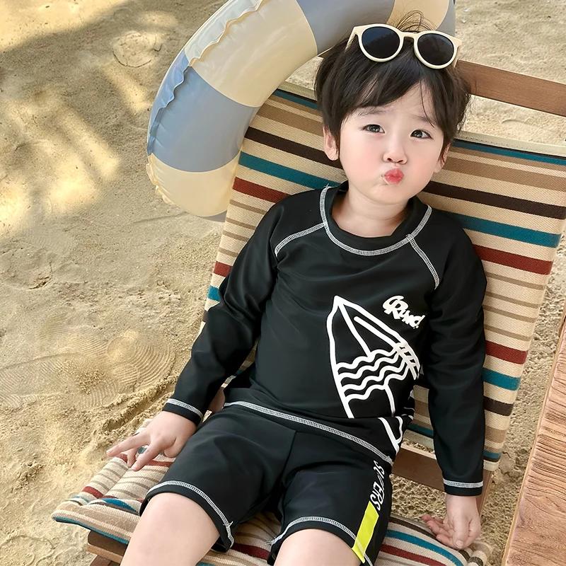Set Baju Renang Anak Laki-laki Kemeja Lengan Panjang dengan Celana Renang Baju Mandi Set Renang Anak Balita Laki-laki Pelindung Ruam Pakaian Renang Ukuran 2-9Y