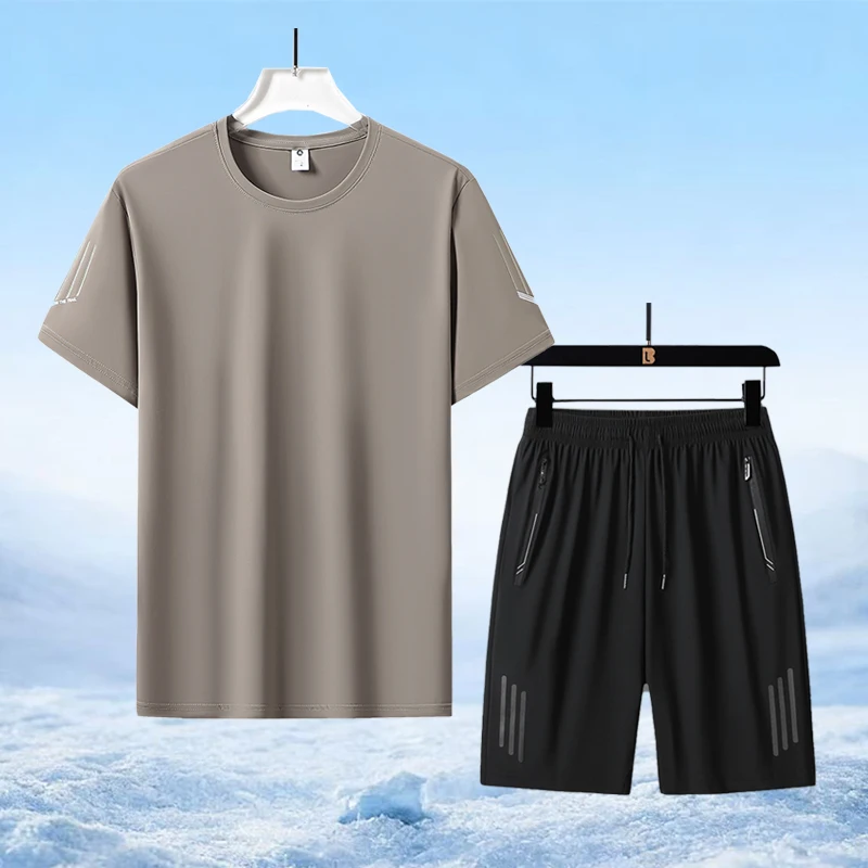 

Мужской спортивный костюм для активного отдыха: ветрозащитный, дышащий, быстросохнущий, модный комплект из шорт и футболки с коротким рукавом из ледяного шелка