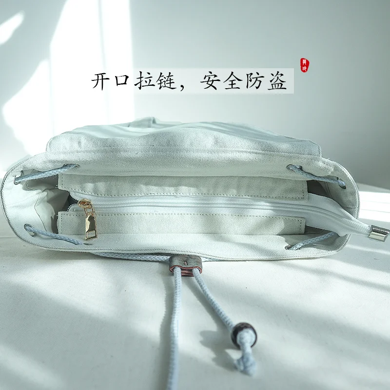 15인치 레트로 중국 스타일 백팩 수제 자수 캔버스 가방 지퍼 노트북 드로스트링 배낭