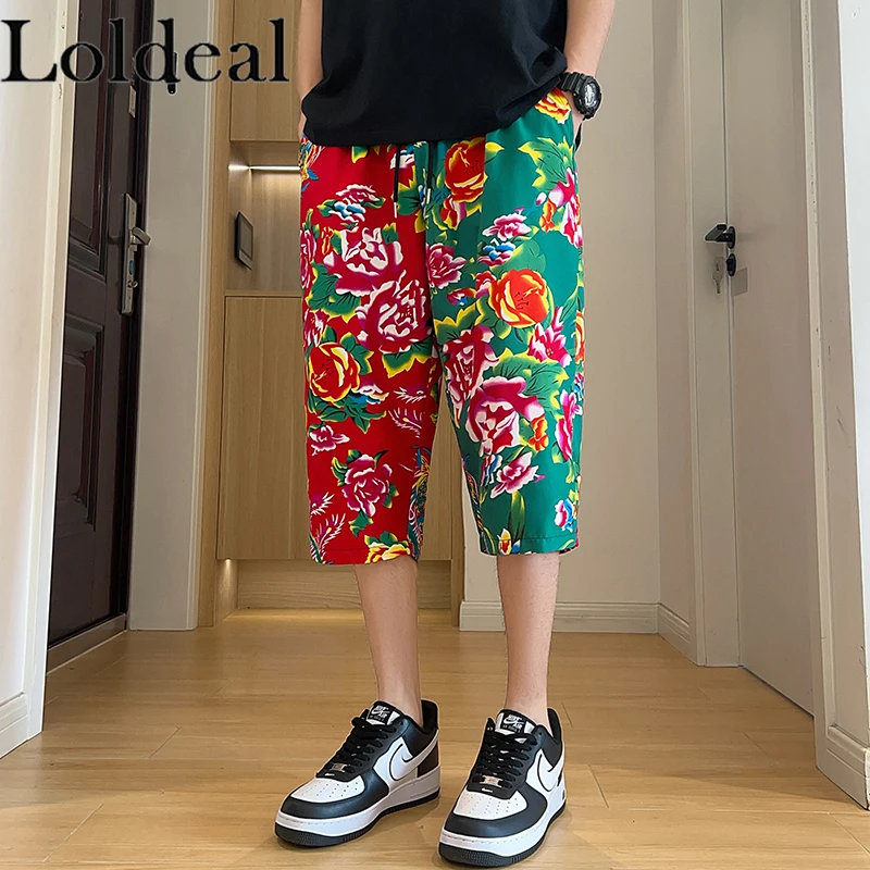 Pantalones recortados de empalme Floral grande para hombres, pantalones deportivos casuales de gran tamaño con características étnicas