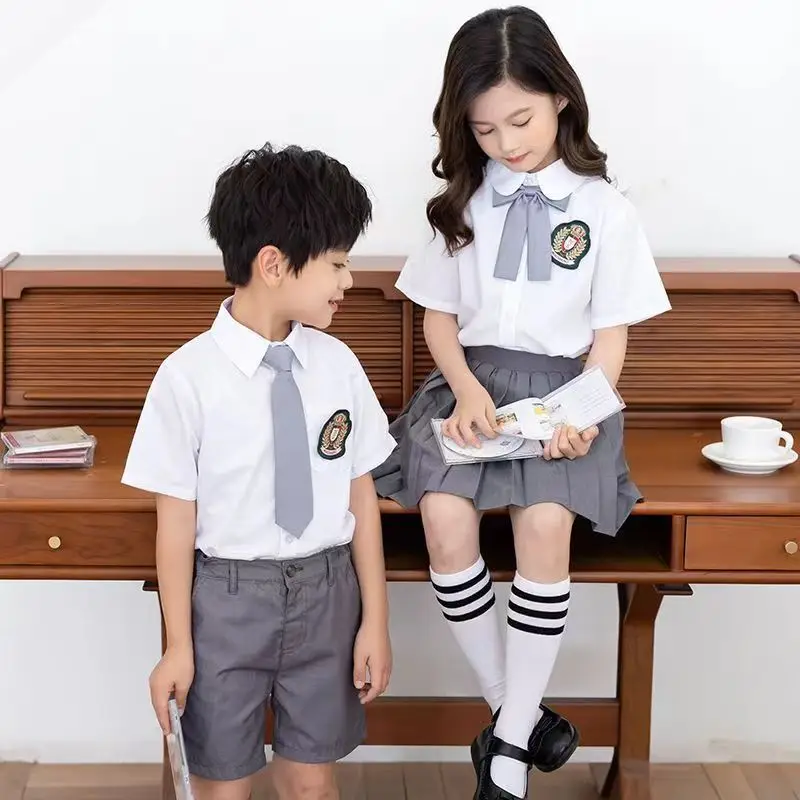 

Boys Summer School Uniform Vest Shirt Shorts Girls Waistcoat Skirts Kids Kindergarten Dress Clothes Sets Child Students Outfits