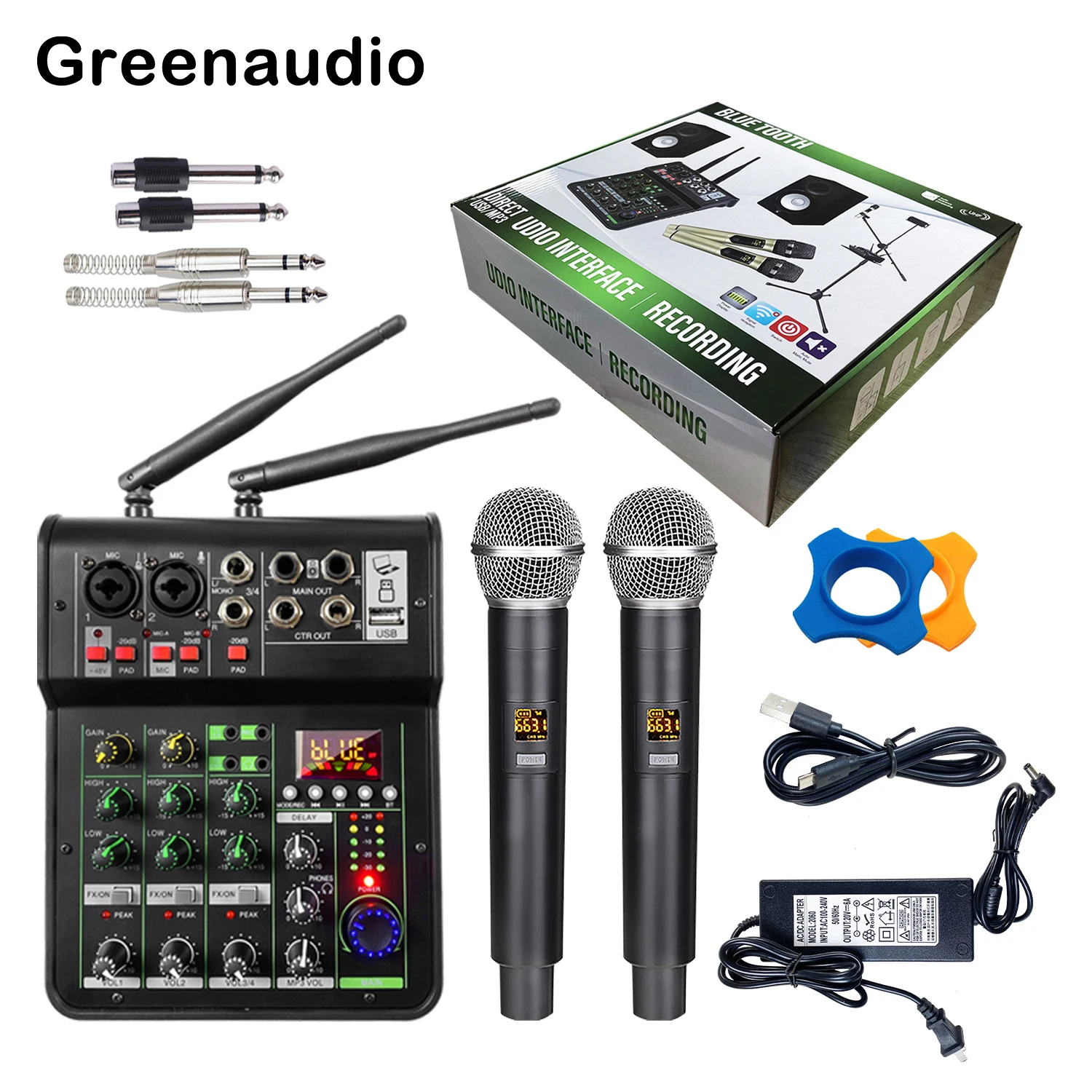 

GAX-450C Audio Mixing with UHF Wireless Microphone 4 Channel Stereo Mixer Console BT USB for DJ Karaoke PC Record