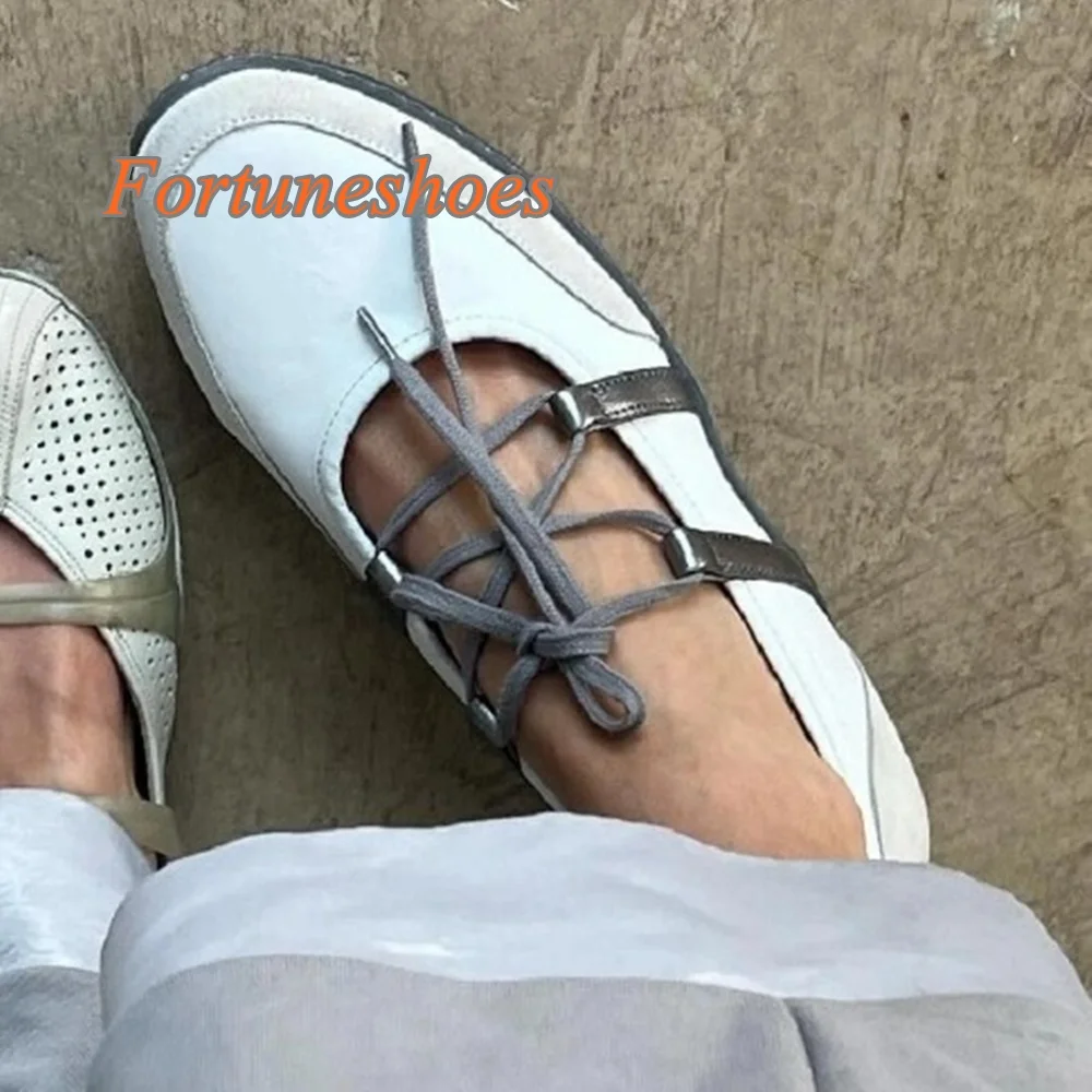 Round Toe Shallow Patchwork Flat Sole White Cross Tied Hollow Sports Shoes Fashion Casual 2025 New Arrivals Summer/spring Shoes