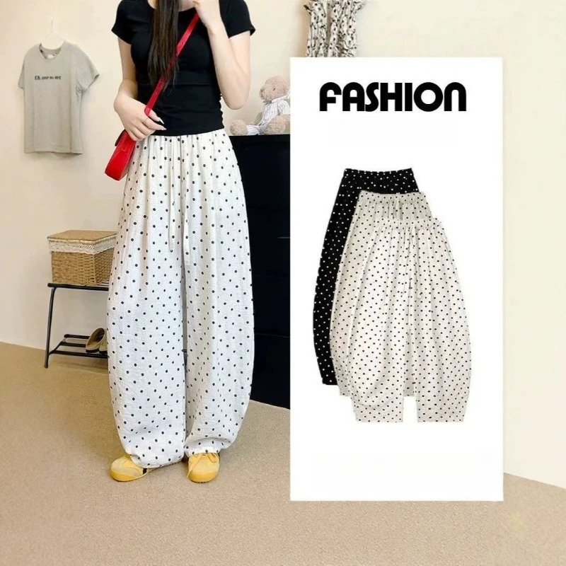 Leichte Leinen-Freizeithose mit Punkten, Atmungsaktiv, Hochgeschnitten, Weites Bein, Koreanische Hose, Gerade Geschnittene Oversize-Strandhose