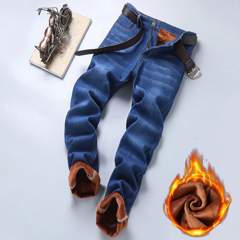 Warm Fleece Pants Winter Man Cowboy Man Thermal Fleece Lined Black Korean Fashion Slim Thicken Plush Wool Boot Cut Jeans Men