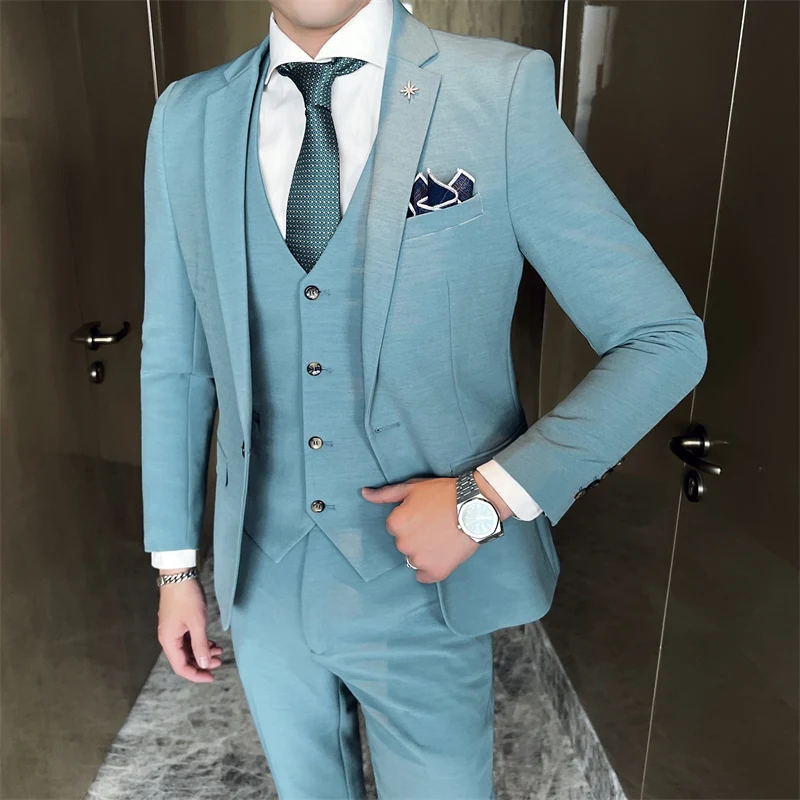 

Fashion New Slim-fit Suit + Waistcoat + Dress Pants Handsome Business Casual Wedding Solid Color Three-piece Men's Clothing