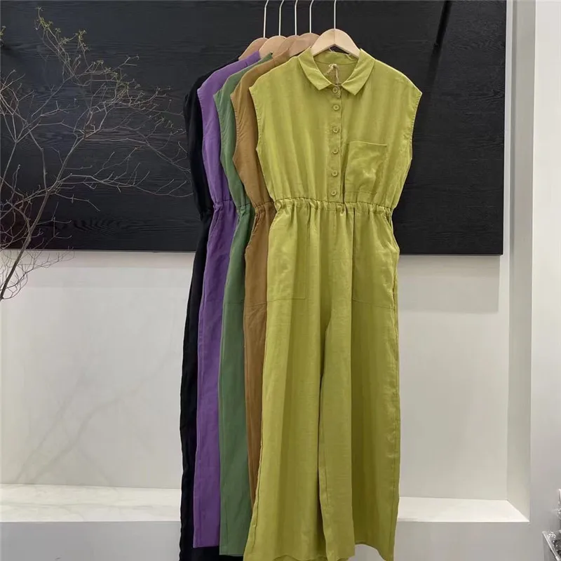 

Хлопково-льняной комбинезон с отложным воротником и эластичной резинкой на талии, женский летний комбинезон без рукавов с широкими штанинами до щиколотки