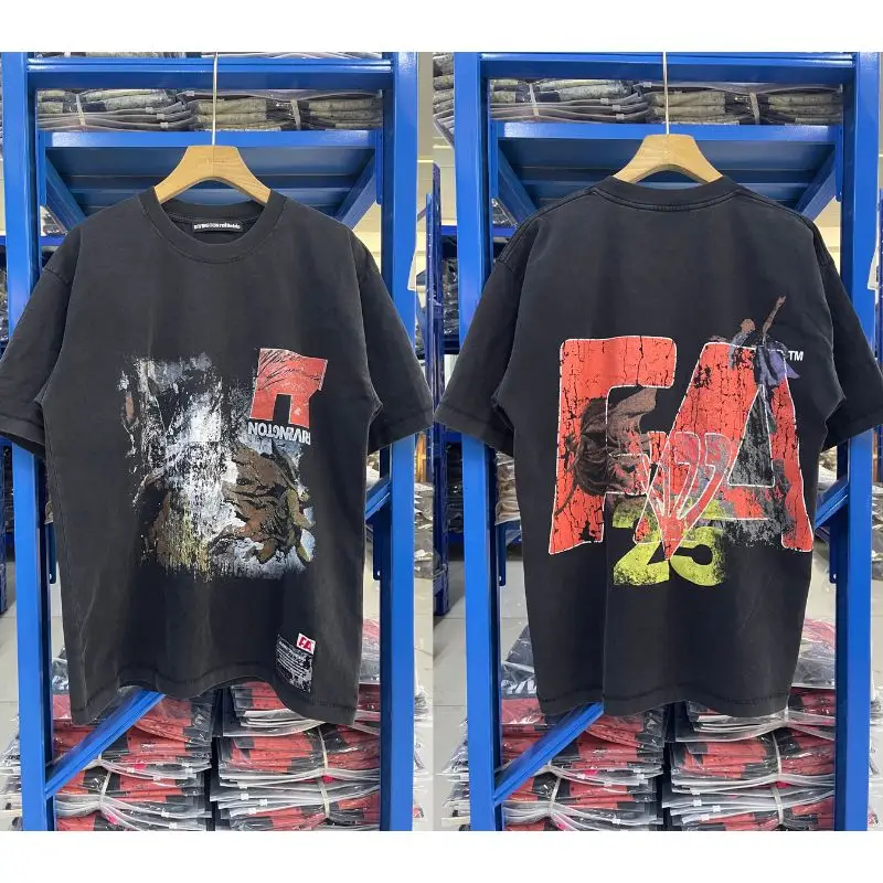 Nieuwe Amerikaanse Straat RRR123 T-shirts Retro Fading Gewassen Oude Katoenen Tees Oversized Ronde Hals Korte Mouw Casual Mannen Vrouwen Tops