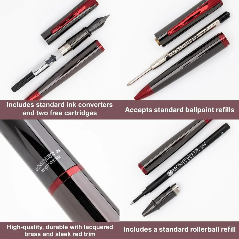 

Luxury Gunmetal/Red 3+2 Pen Set with Broad Nib, Fountain, Rollerball, Ballpoint Pens, Large Gift Box, Free Ink & Gel Refills