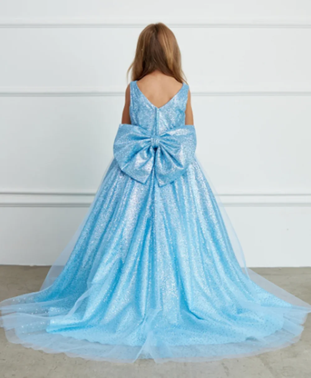 Glanzende luxe lovertjes lange bal bloemenmeisjesjurk mouwloze strik elegante vloerlengte sweep trein formele communiejurk voor meisjes