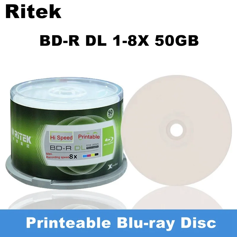 50PCS/BOX Ritek BD-R DL 50GB Printable Blu-ray Blank Disc 1-8X 260Min Recording Blu-ray Disk