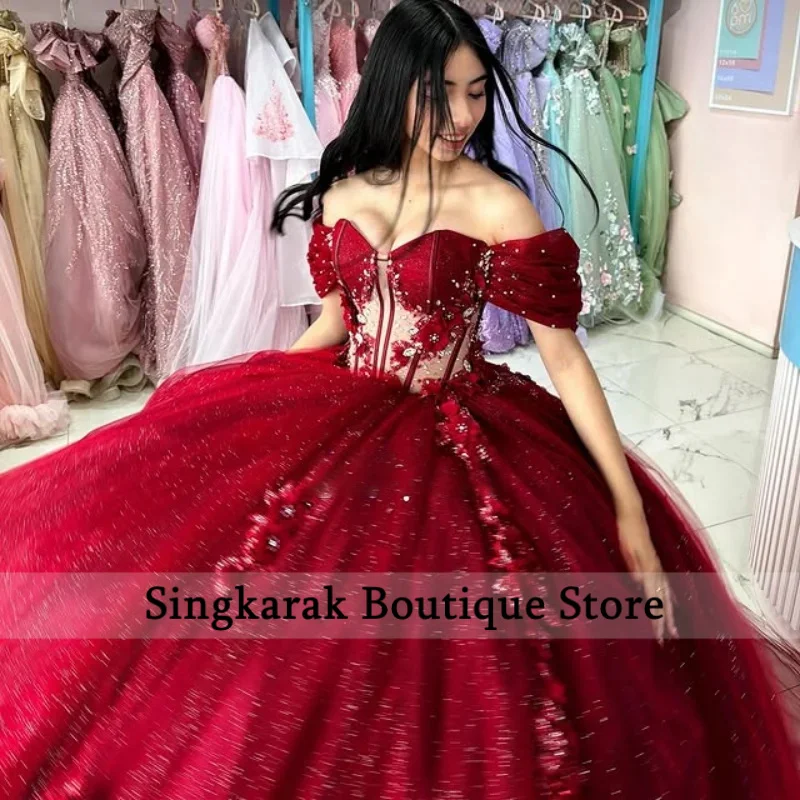 

Shiny Red Quinceanera Dresses Glitter Crystal Decal off-shoulder Long tail 3D Flower Vestido 15 Quinceanera Customize