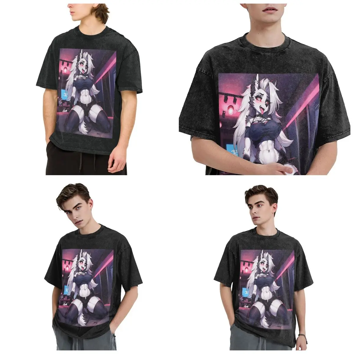 Streetwear T-Shirts Helluva Boss Loona Washed T Shirt Short Sleeve Hip Hop T-Shirt Tops Tees for Men Women