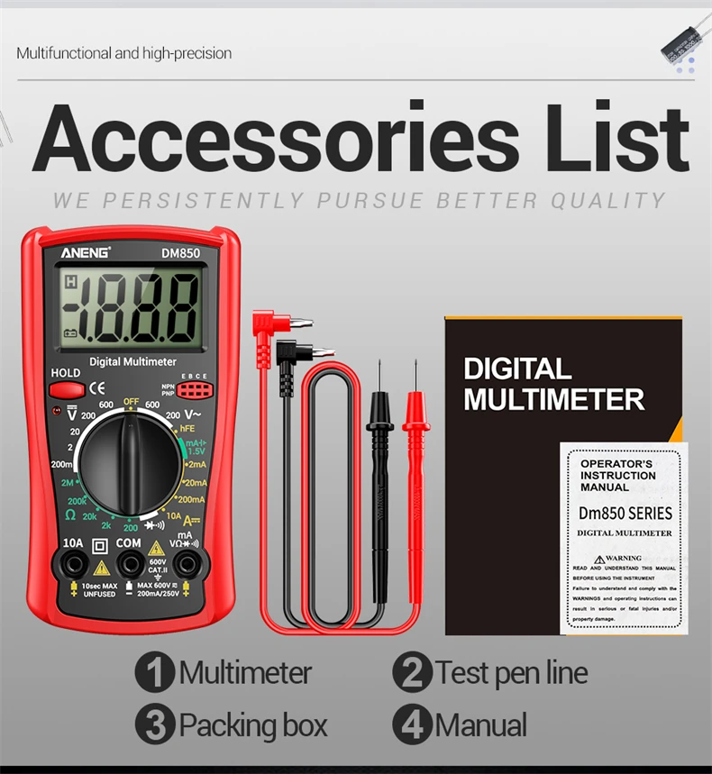 ANENG DM850 Multimeter-Tester 1999 Zähler AC DC 600V DC10A Ohm Dioden-Trioden-Prüfer mit Summer und Datenhaltefunktion, tragbares Messwerkzeug für Elektriker – Detail 12