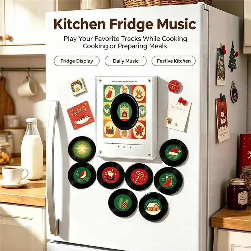 A36T-Christmas NFC Magnetic Music Fridge Magnet Xmas Fridge Magnet Night Light Built-In LED Touch To Play Vinyl Record Player