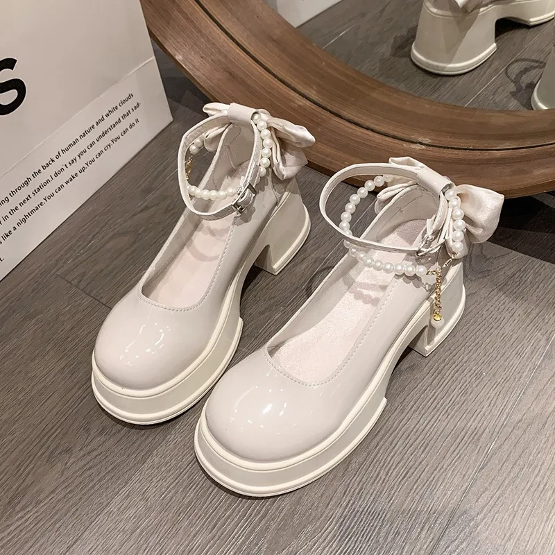 

Women Thick Platform Mary Janes Lolita Shoes Party Pumps Summer Heels Oxford Shoes Vintage Womens Pumps Shoes Bow Chain Tacones