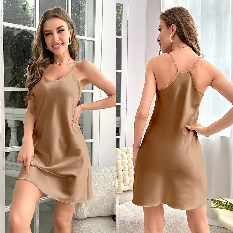 Camisón Sexy de satén para mujer, ropa de casa, pijama de seda de hielo, vestido de verano, tirantes