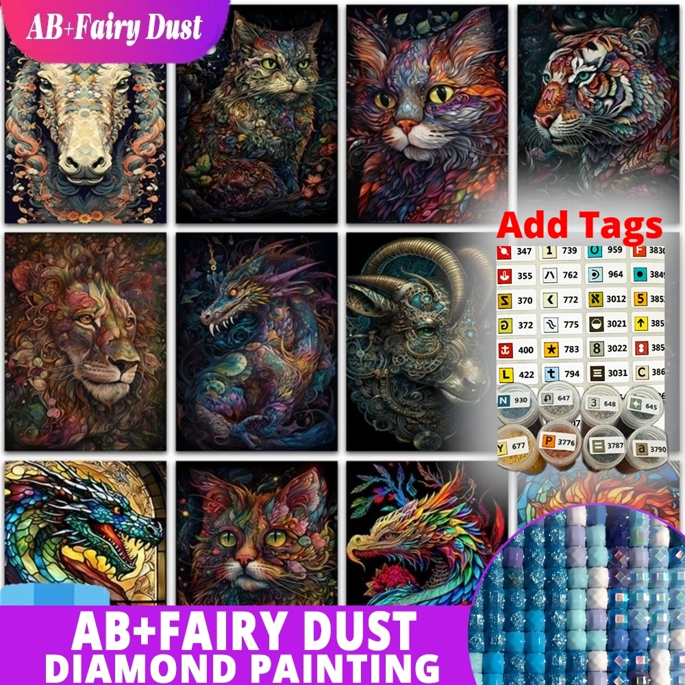 

With Symbol Sticker AB Fairy Dust 5D DIY Diamond Painting Animals Lion Cat Horse Dragon Tiger Art Home Decor Full Mosaic Cross S