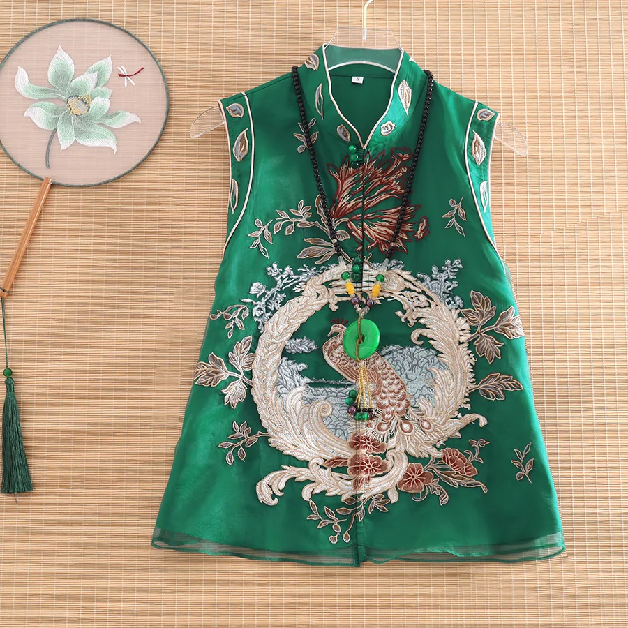 

High-end Spring Summer Organza Vest Top Chinese Style Retro Embroidery Peacock Floral Elegant Lady Vest Female S-3XL