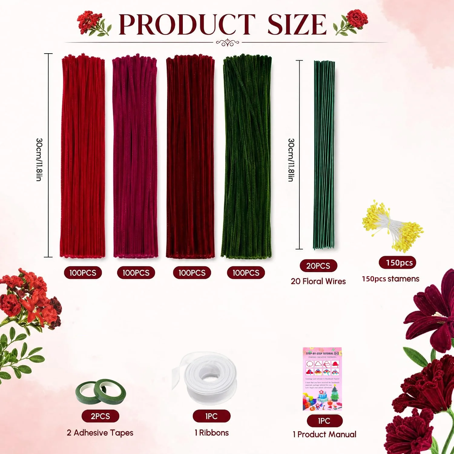 574Pcs Chenille Stem Craft Kit, Making Supplies with 20Pcs Stem, 150Pcs Stamen,2Pcs Tape, 1Pc Ribbon、 1 Pc Tutorial for Handmade