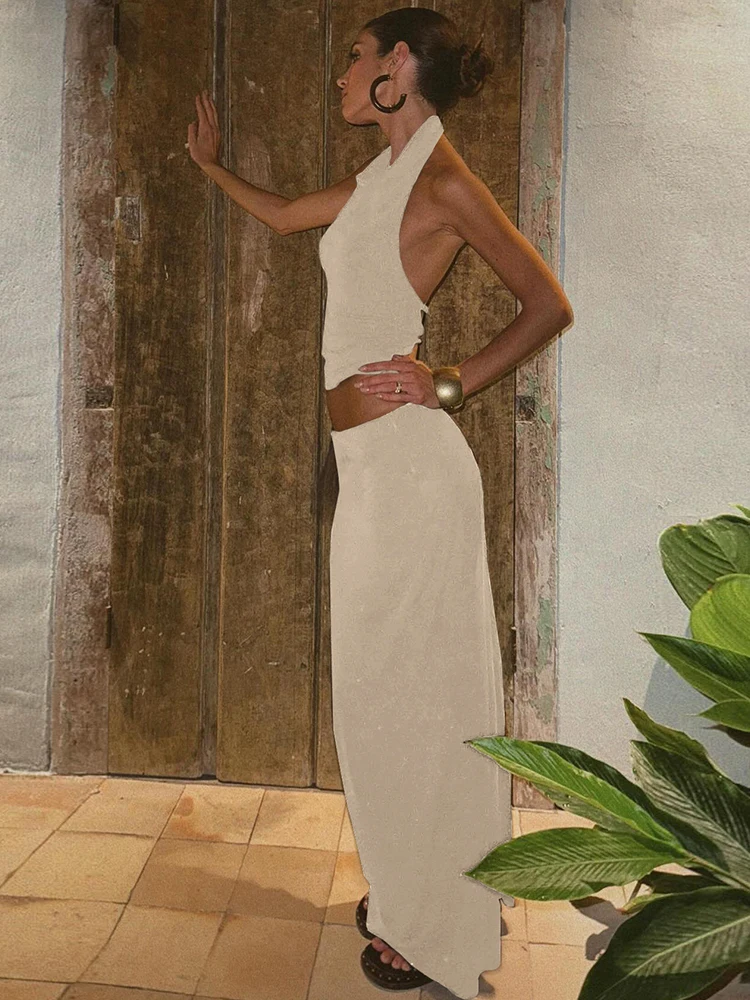 Kliou Solid Simple ผู้หญิงจับคู่ 2 ชิ้นชุด Halter Backless Tanks + เอวสูง Skinny Maxi กระโปรง Mujer ฤดูร้อนคลาสสิกชุด