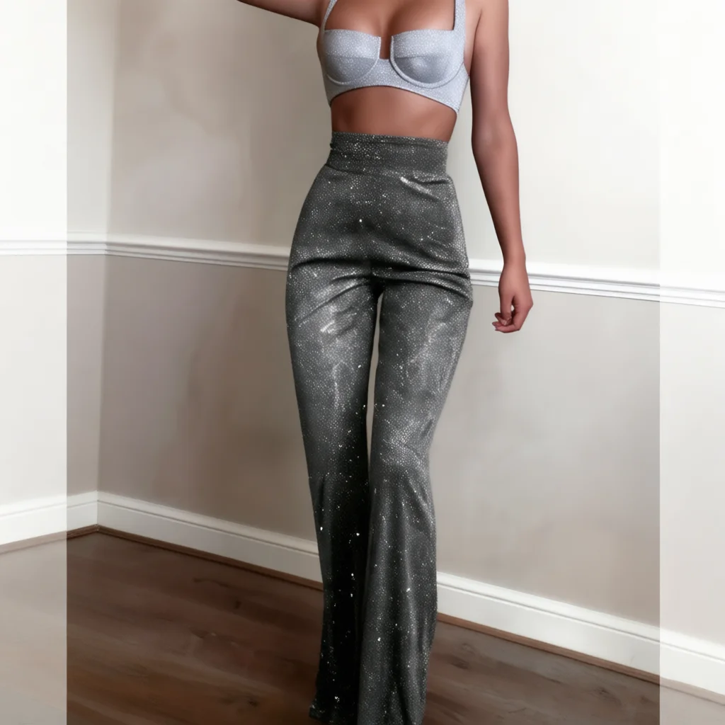 Women Glitter High Waist Flare Pants Sparkly Sequined Wide Leg Trousers Stretchy Party Nightclub Casual Bell Bottom Long Pants